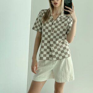 OAK & FORT CHECKERED KNIT TOP TAUPE SIZE XS WOMENS